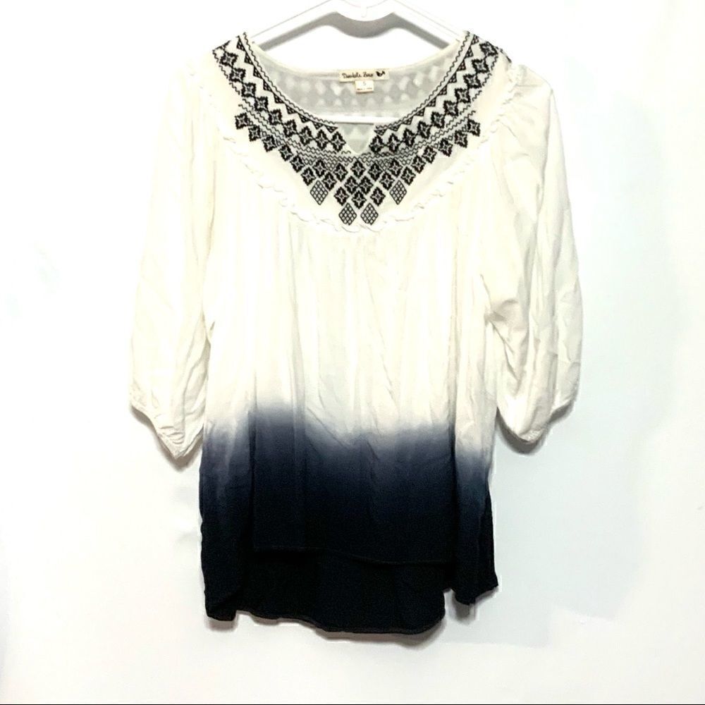 Double Zero dip dyed embroidered neckline high low hem small short sleeve blouse